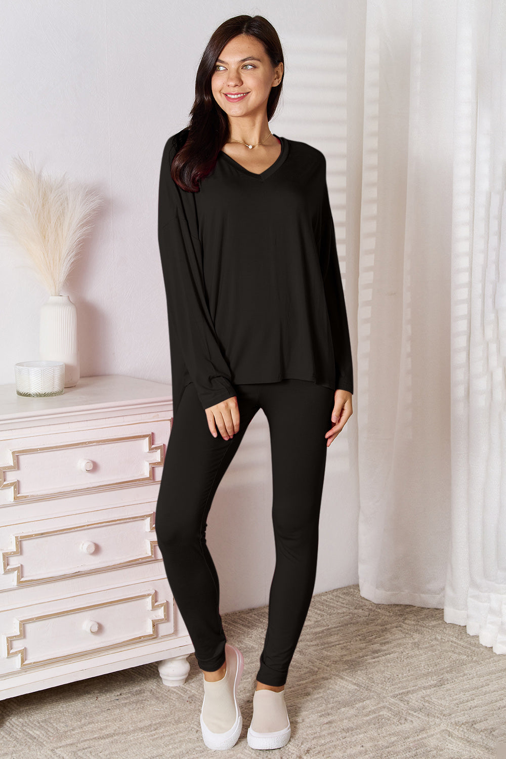 Basic Bae Full Size V-Neck Soft Rayon Long Sleeve Top and Pants Lounge Set by Wild and Free Boutique
