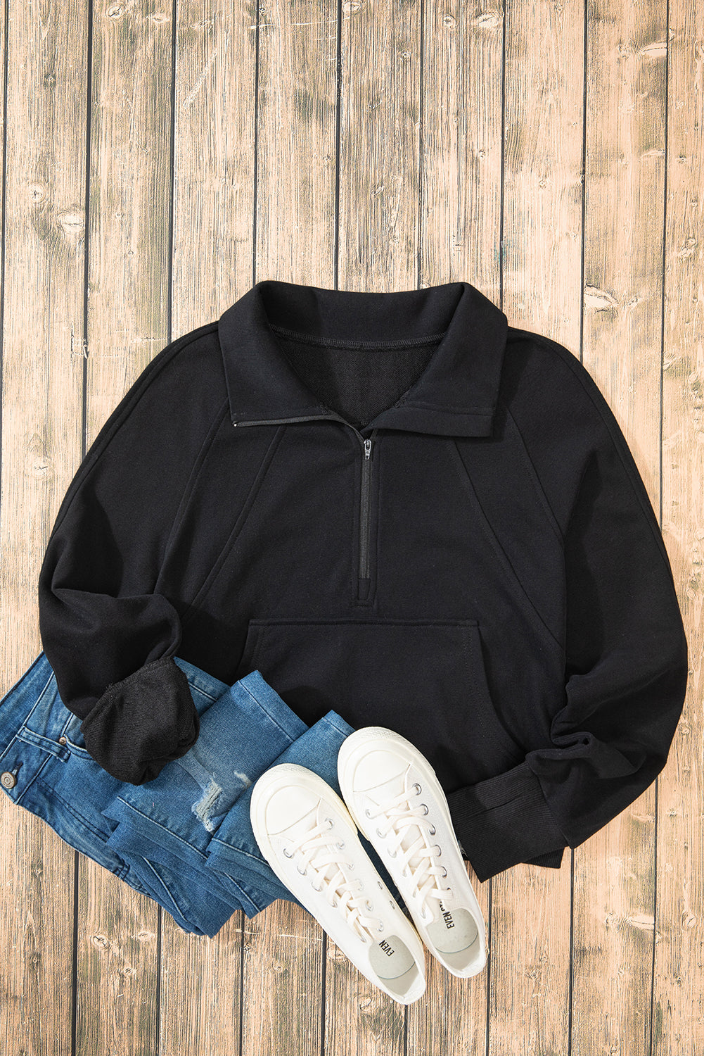 Smoke Green Quarter Zip Stand Neck Kangaroo Pocket Sweatshirt by Wild and Free Boutique