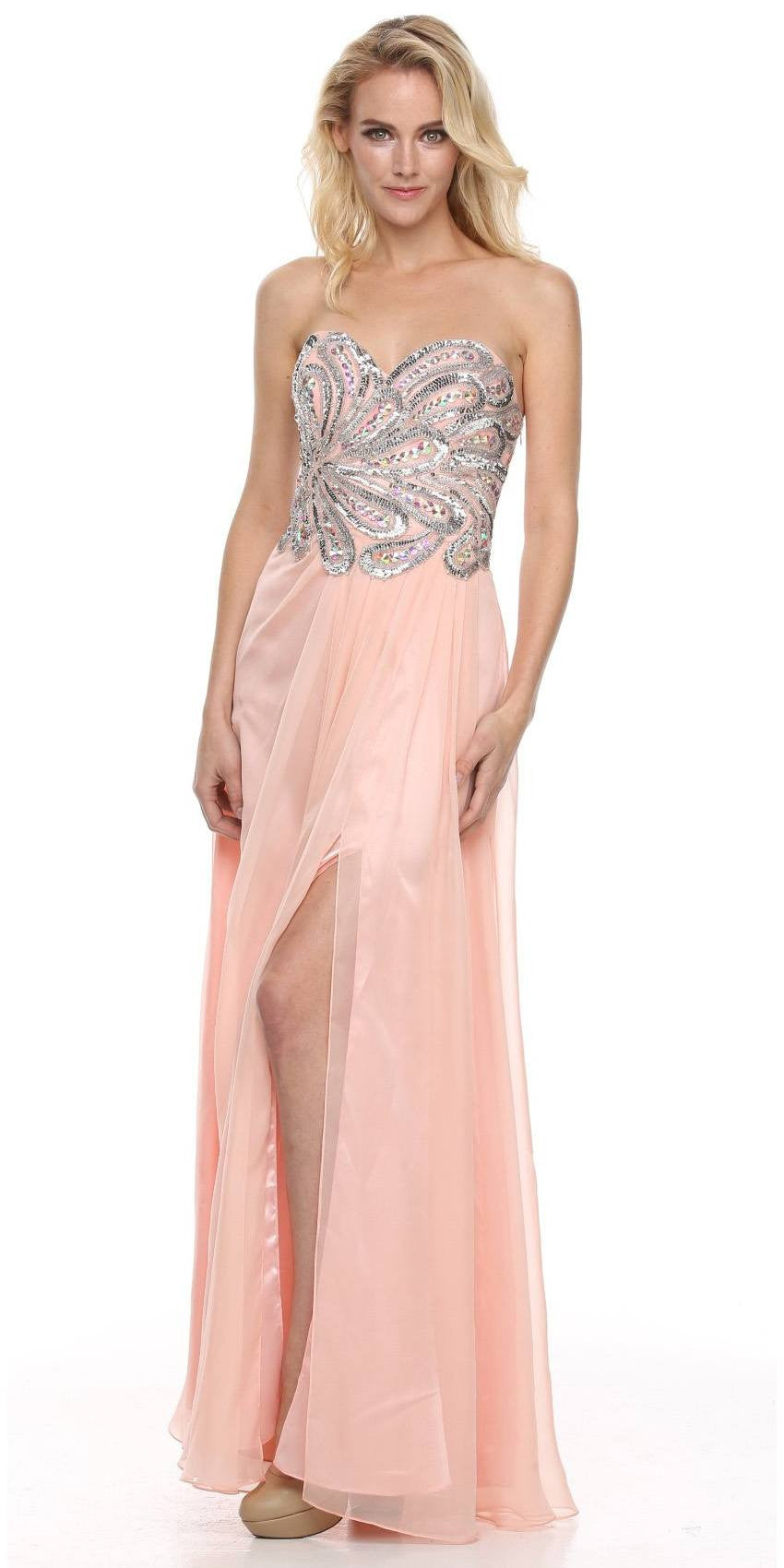 CLEARANCE - Juliet 548 Beaded Bodice Long Strapless Thigh Slit Formal Gown by DiscountDressShop