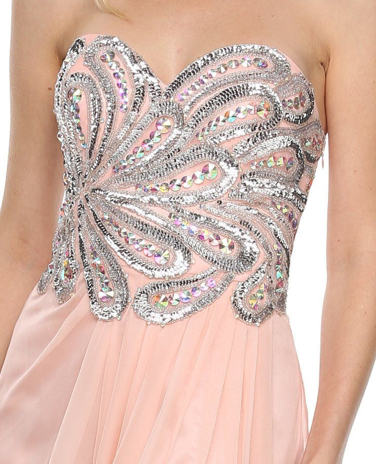 CLEARANCE - Juliet 548 Beaded Bodice Long Strapless Thigh Slit Formal Gown by DiscountDressShop