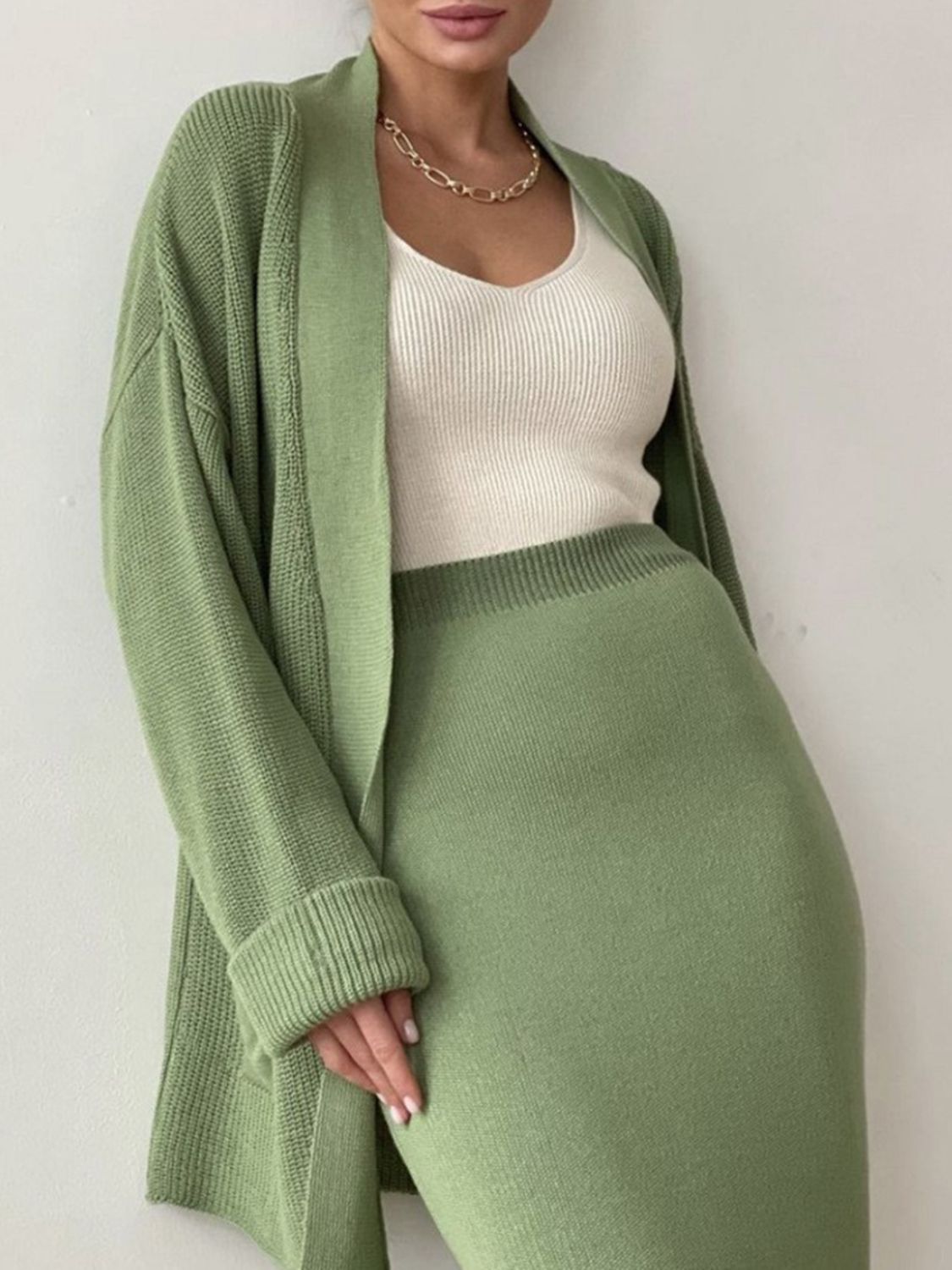 Pocketed Long Sleeve Cardigan and Skirt Sweater Set by Wild and Free Boutique