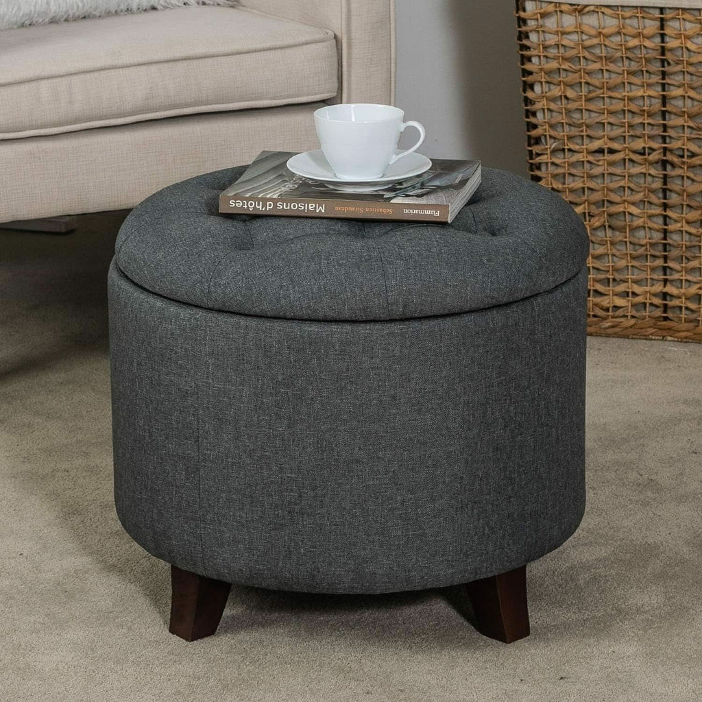 Gray Fabric Round Storage Ottoman With Button Tufting by ShipItFurniture