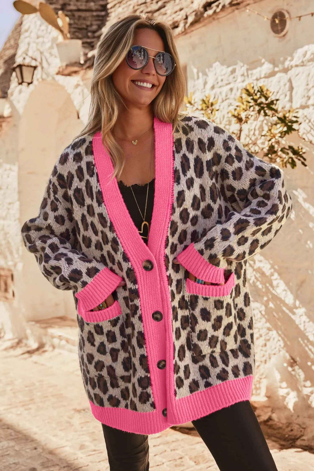 Khaki Oversize Color Block Trim Button Down Leopard Print Cardigan by Wild and Free Boutique