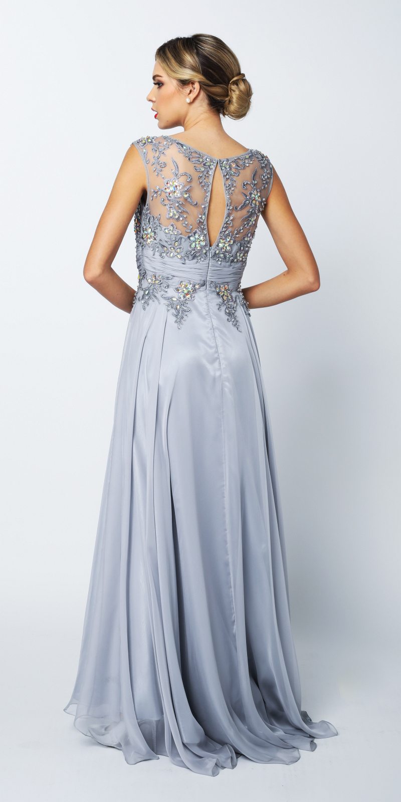 Juliet 552 Long Jewel Neckline Studded Bodice A-Line Gown by DiscountDressShop