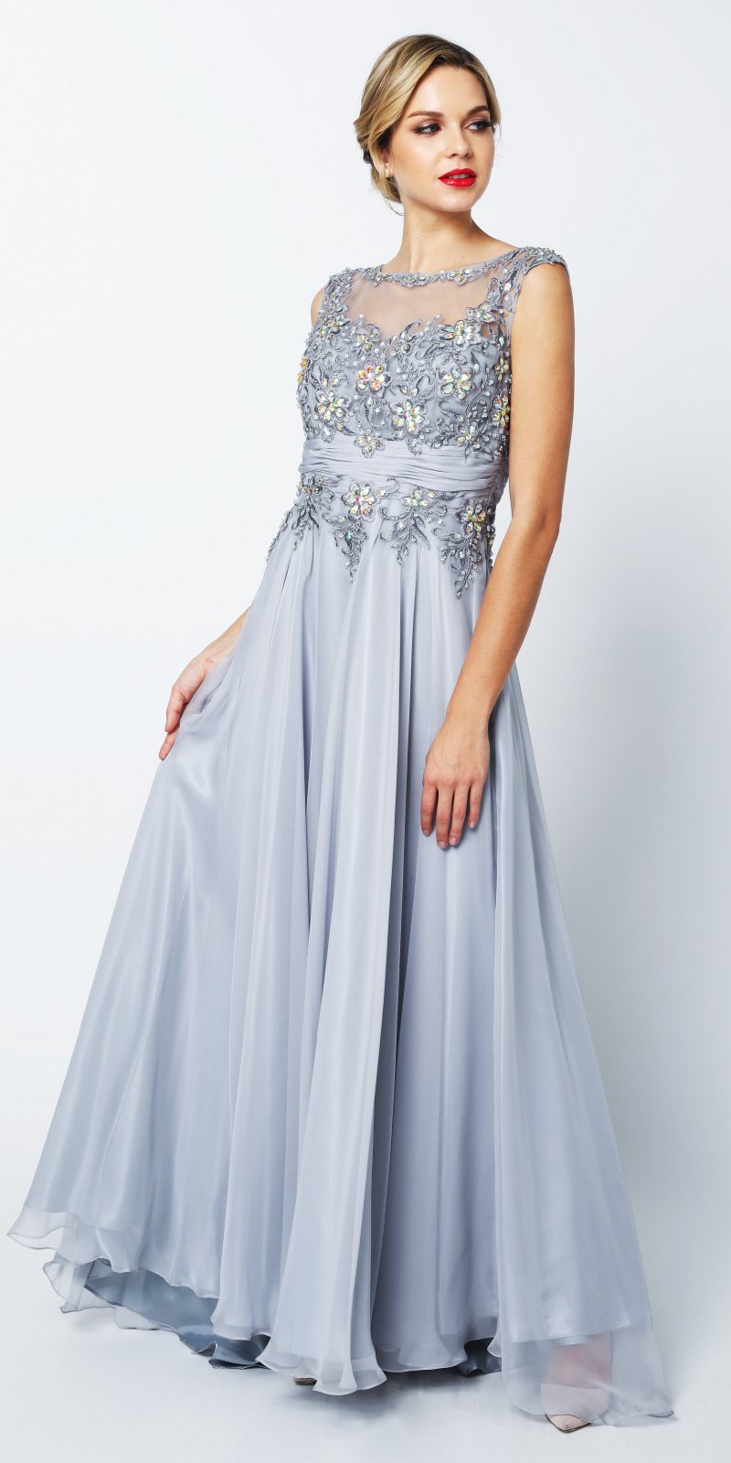 Juliet 552 Long Jewel Neckline Studded Bodice A-Line Gown by DiscountDressShop
