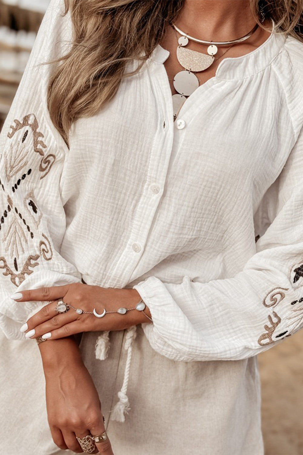 White Embroidered Textured Buttoned Crew Neck Shirt by Wild and Free Boutique