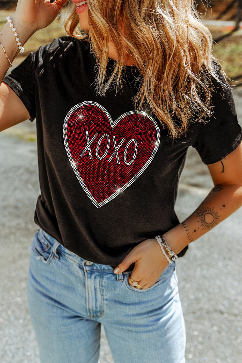 Black Rhinestone XOXO Heart Graphic Crewneck Tee by Dear-Lover Dropshipping