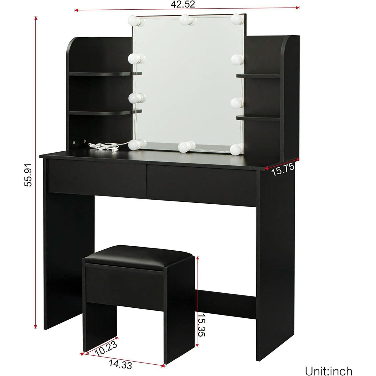 Black Vanity Set With 10 Lights For Bedroom Storage by ShipItFurniture