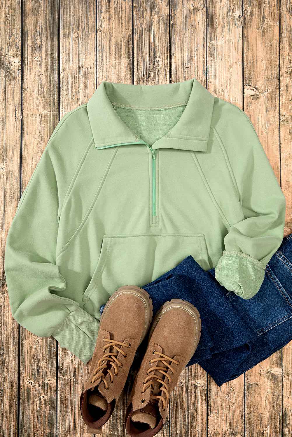 Smoke Green Quarter Zip Stand Neck Kangaroo Pocket Sweatshirt by Wild and Free Boutique