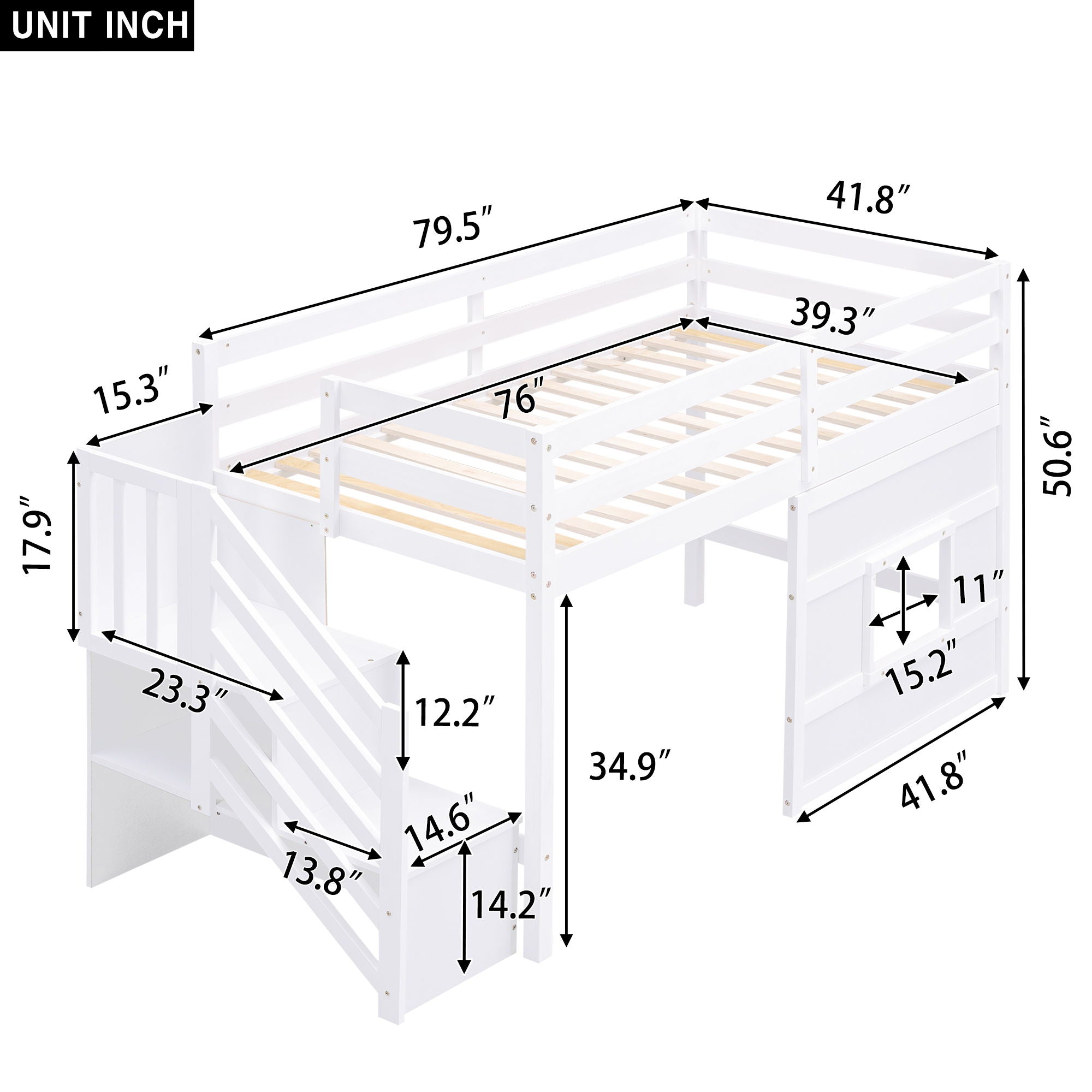Loft Bed With Storage Staircase, Window & LED Light by Unique Piece Furniture