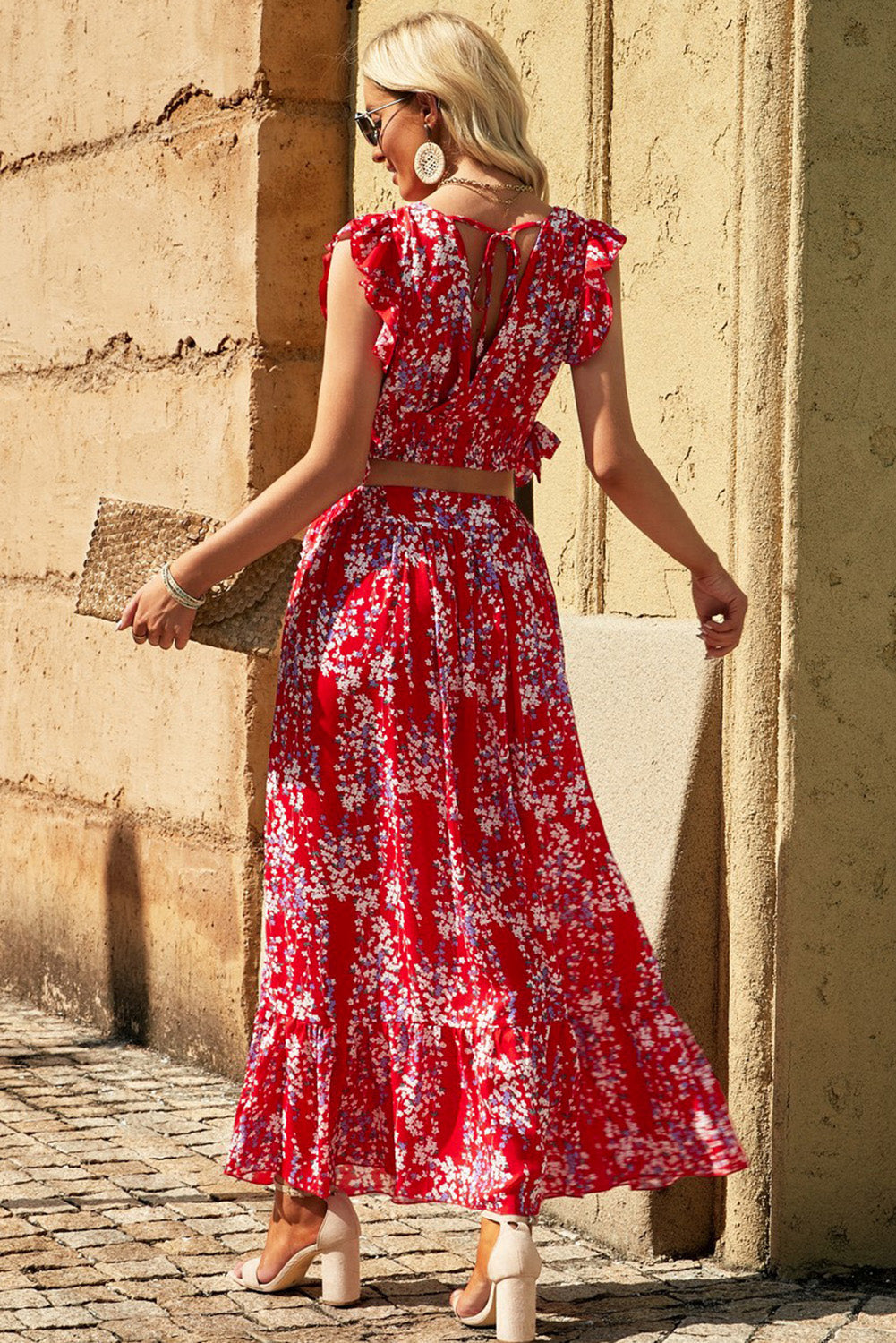 Black Multicolor Floral Ruffled Crop Top and Maxi Skirt Set by Wild and Free Boutique