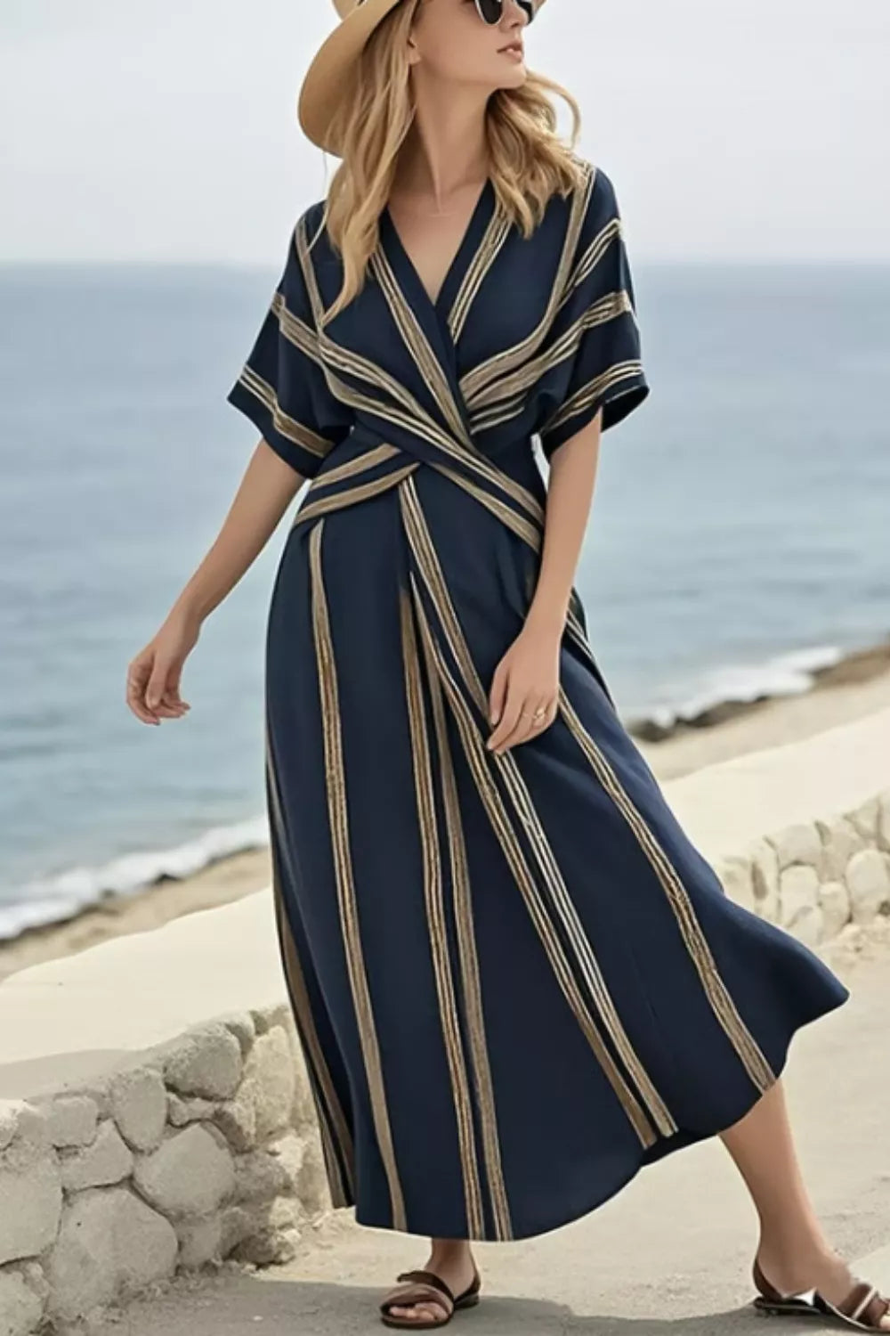 Striped Wrap Half Sleeve Maxi Dress by Shopiebay