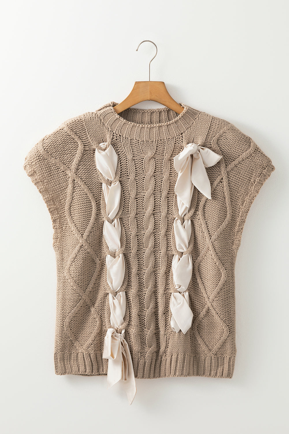 Simply Taupe Cable Knit Colorblock Satin Bowknot Short Sleeve Sweater by Wild and Free Boutique