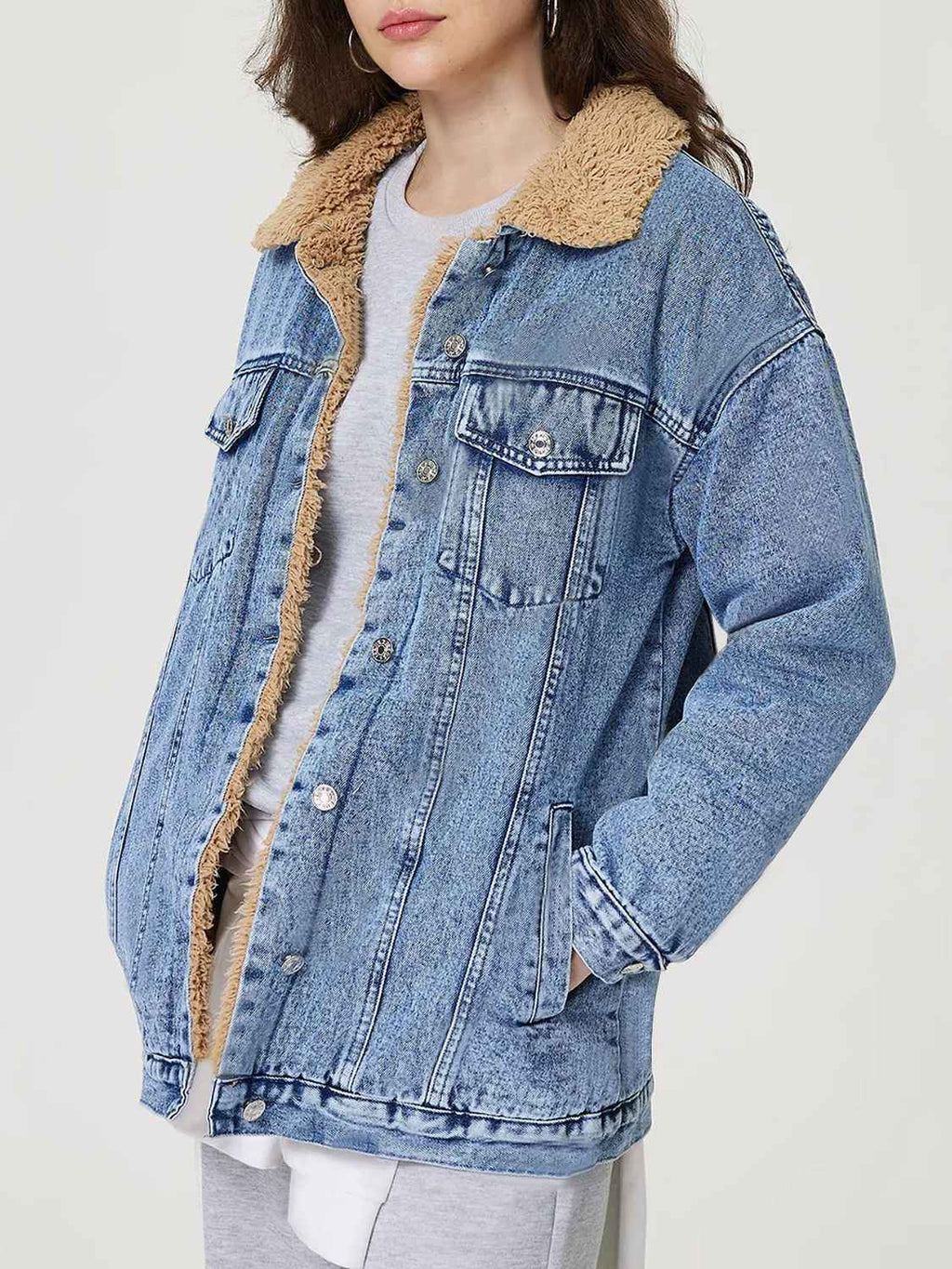 Button Up Collared Neck Plush Denim Jacket by Wild and Free Boutique