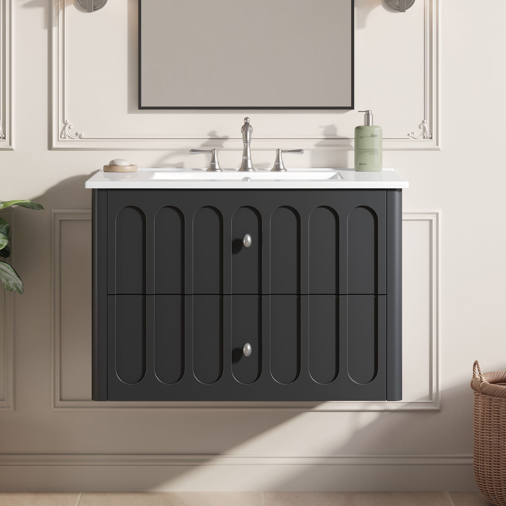 Floating Bathroom Vanity With Oval Knobs & Round Edge, Soft Close Drawer Slides by Unique Piece Furniture