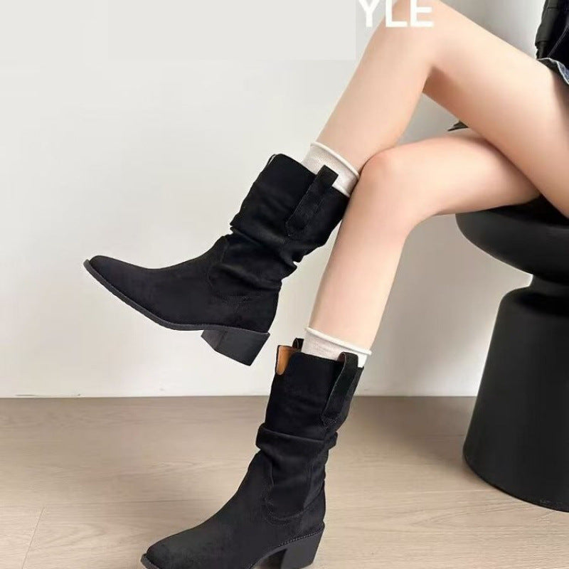 Autumn Western Pleated Short Cowhide Leather Boots for Women by FitiqueFit