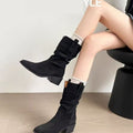Autumn Western Pleated Short Cowhide Leather Boots for Women by FitiqueFit