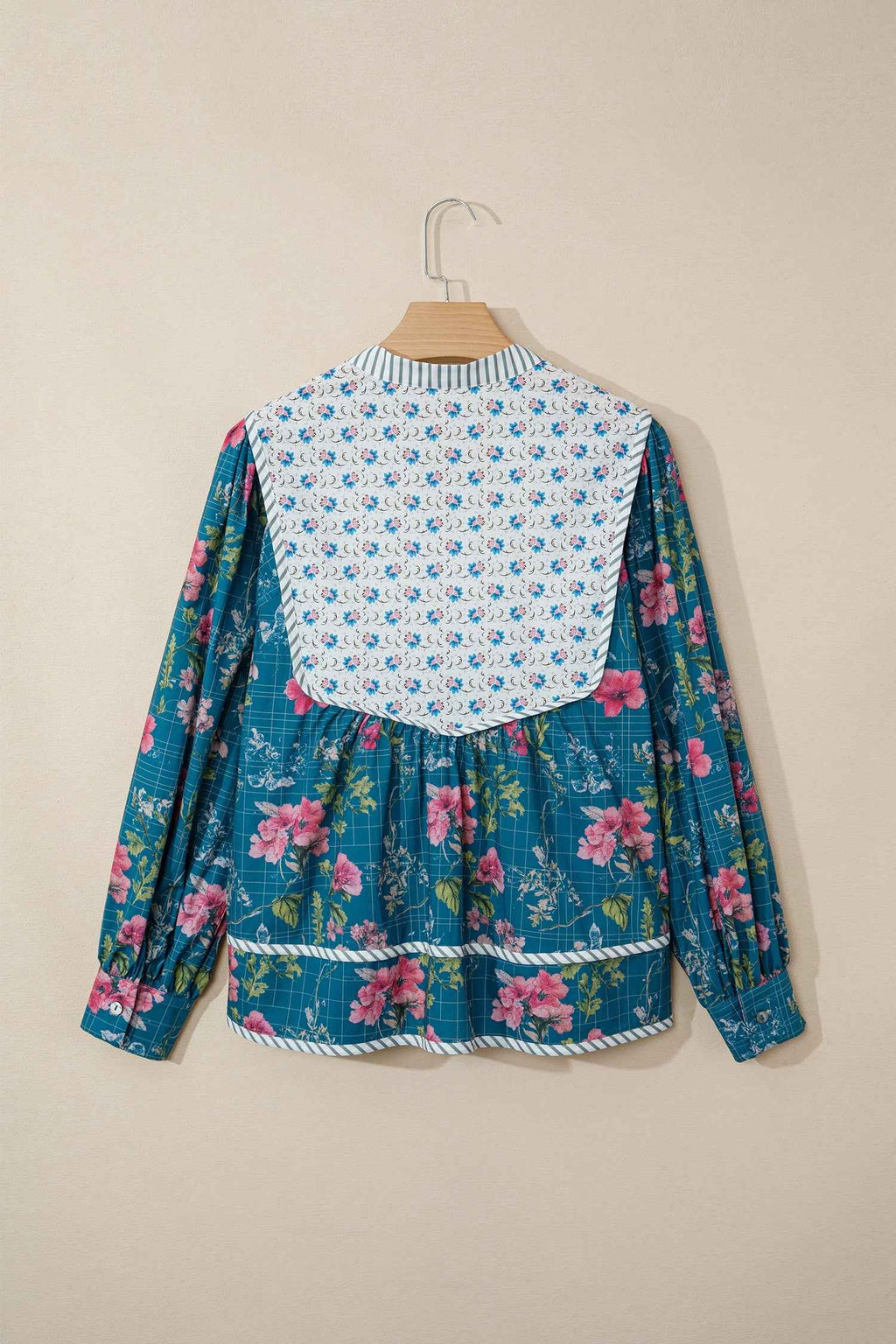 Sky Blue Floral Print Contrast Yoke Patchwork Striped Trim Long Puff Sleeve Blouse by Wild and Free Boutique