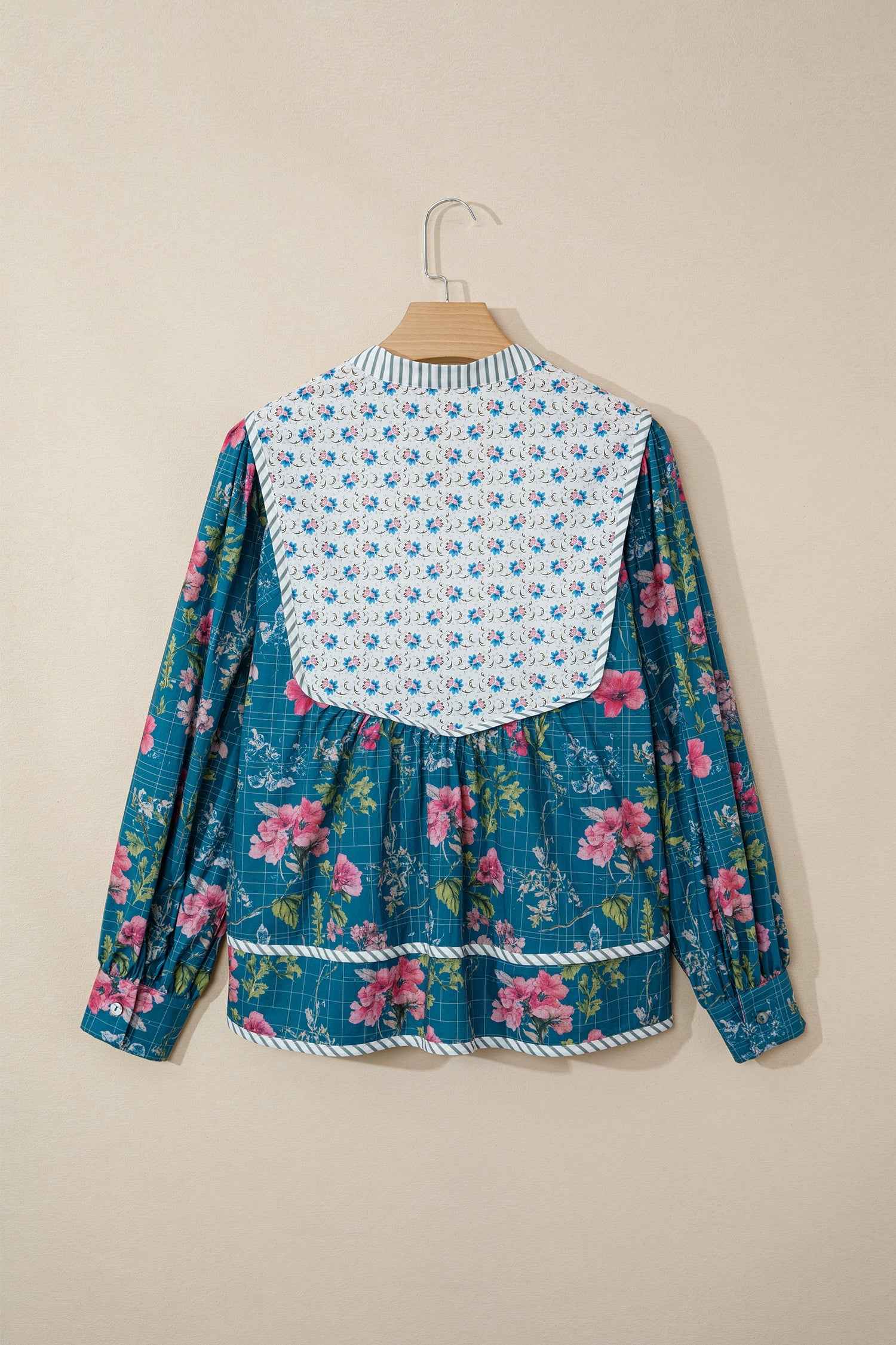 Sky Blue Floral Print Contrast Yoke Patchwork Striped Trim Long Puff Sleeve Blouse by Wild and Free Boutique
