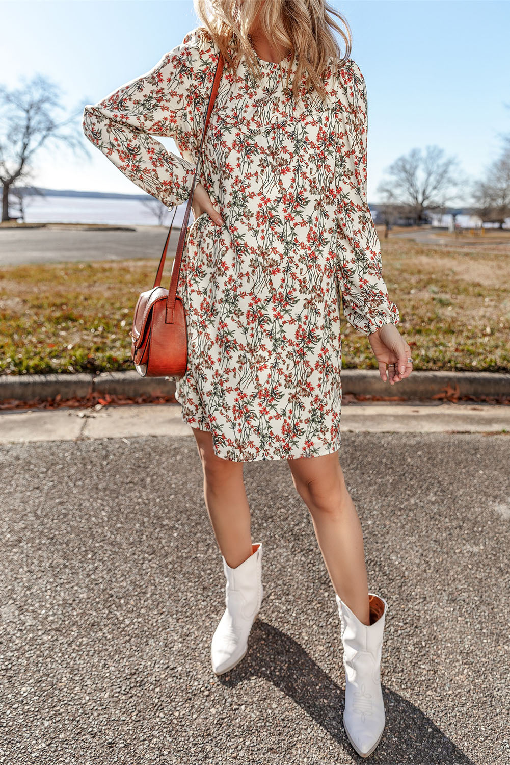 White Floral Printed Long Sleeve Mini Dress by Wild and Free Boutique