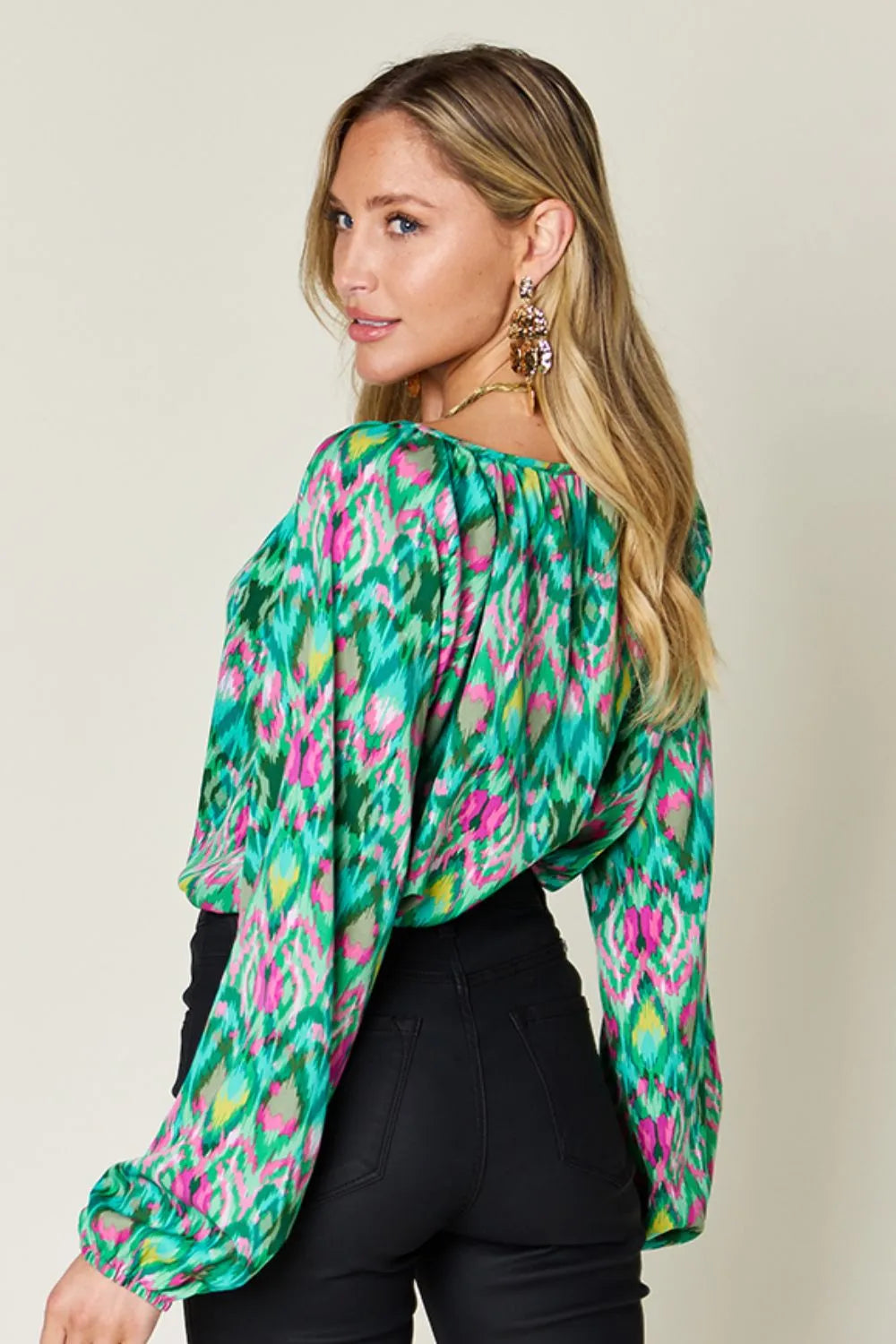 Double Take Full Size Printed Balloon Sleeve Blouse by Wild and Free Boutique