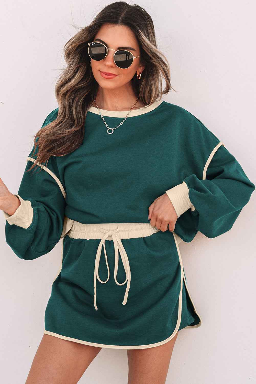 Black Color Contrast Loose Pullover and Lace-up Waist Skort Set by Dear-Lover Dropshipping