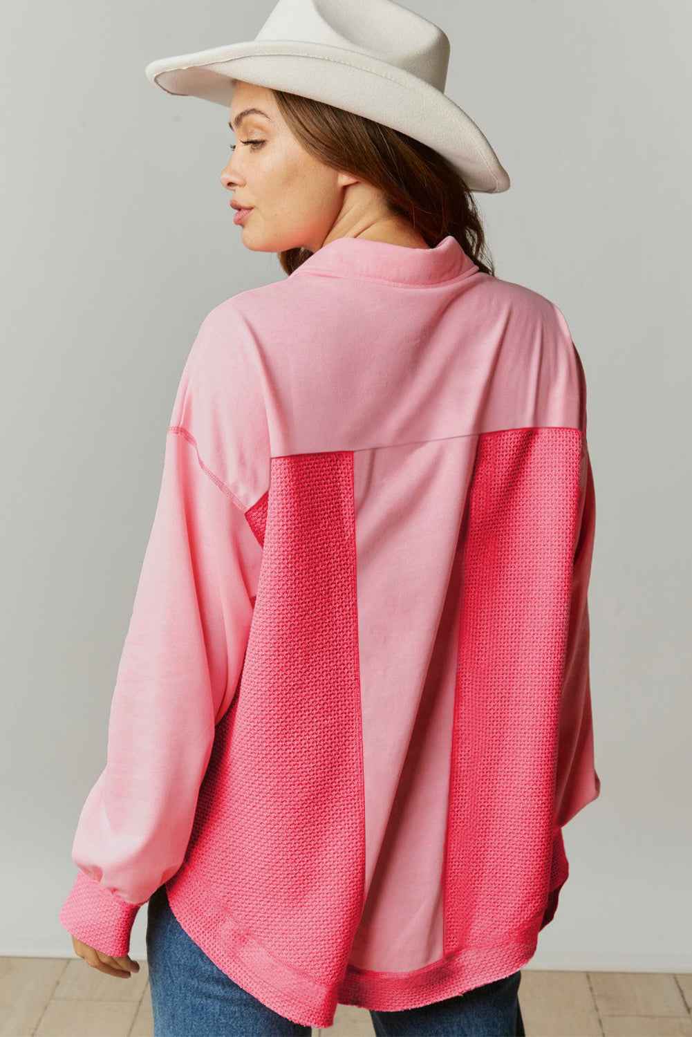 Peach Blossom Two Tone Contrast Waffle Knit Buttoned Loose Shacket by Wild and Free Boutique