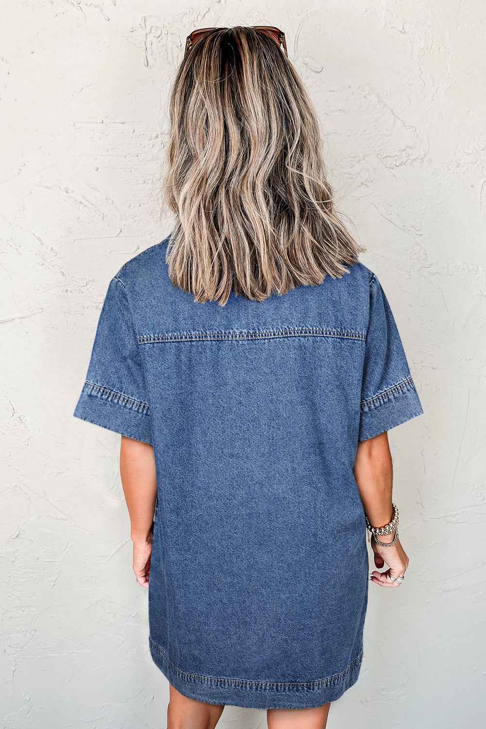 Blue Short Sleeve Collared Chest Pocket Denim Mini Dress by Wild and Free Boutique