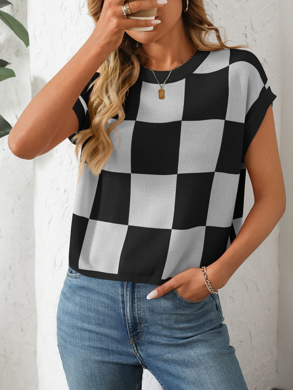 Mandy Checkered Round Neck Cap Sleeve Knit Top by Wild and Free Boutique