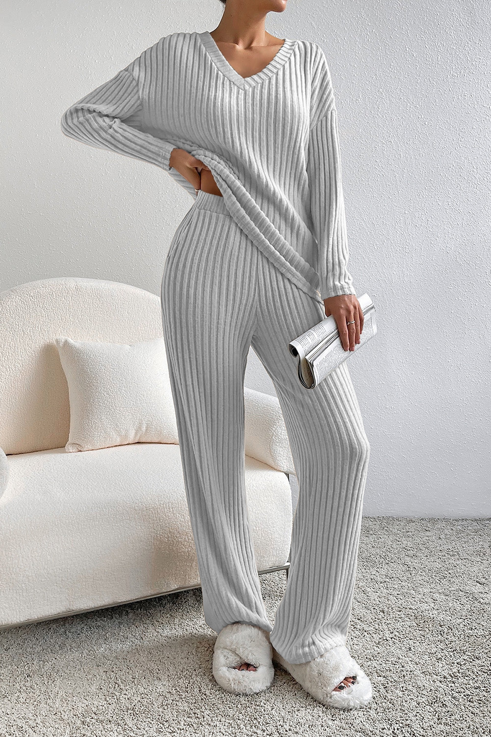 Ribbed V-Neck Top and Pants Lounge Set by Wild and Free Boutique