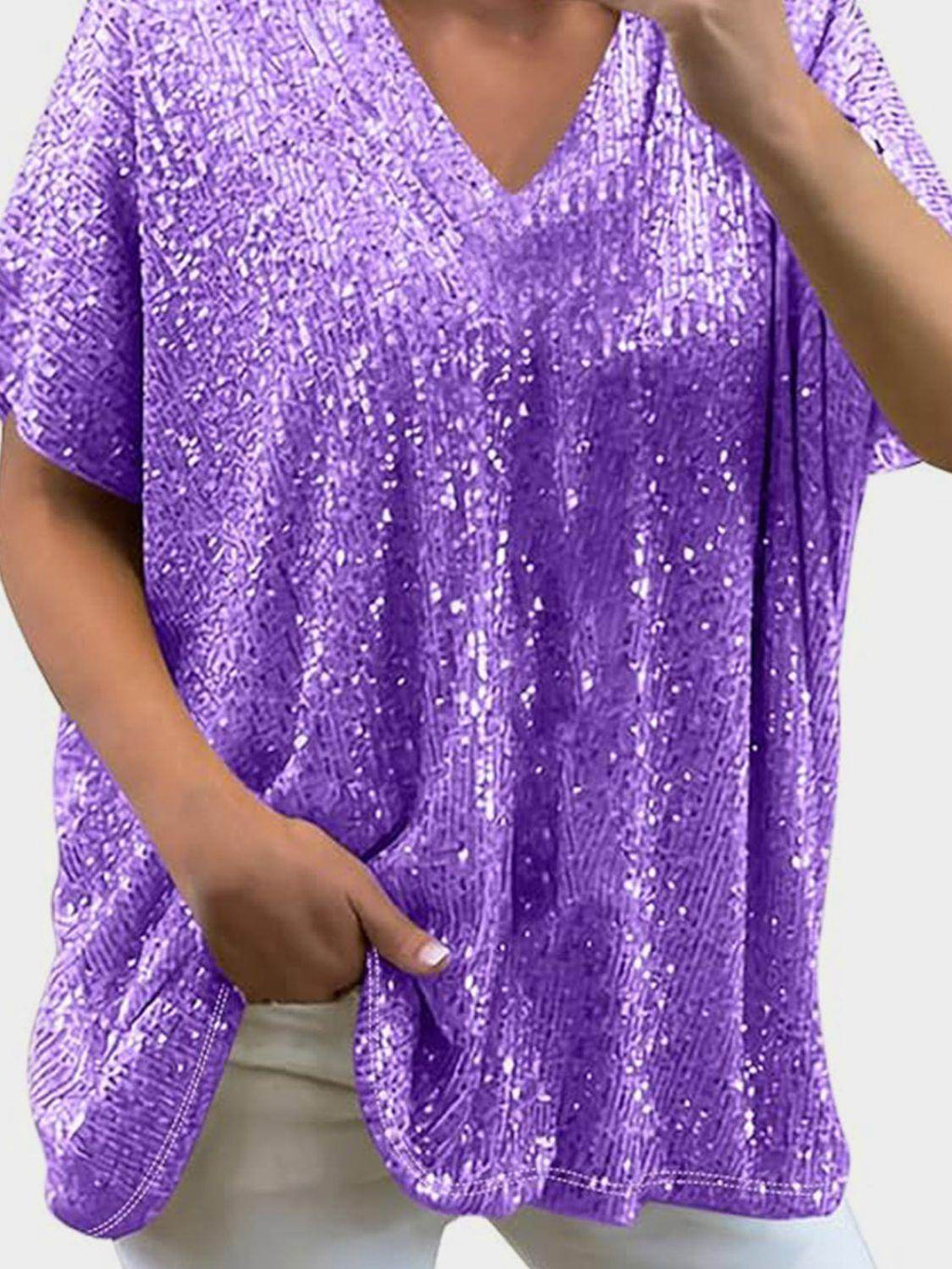 Full Size Sequin V-Neck Short Sleeve Top for Women by Selvanelle
