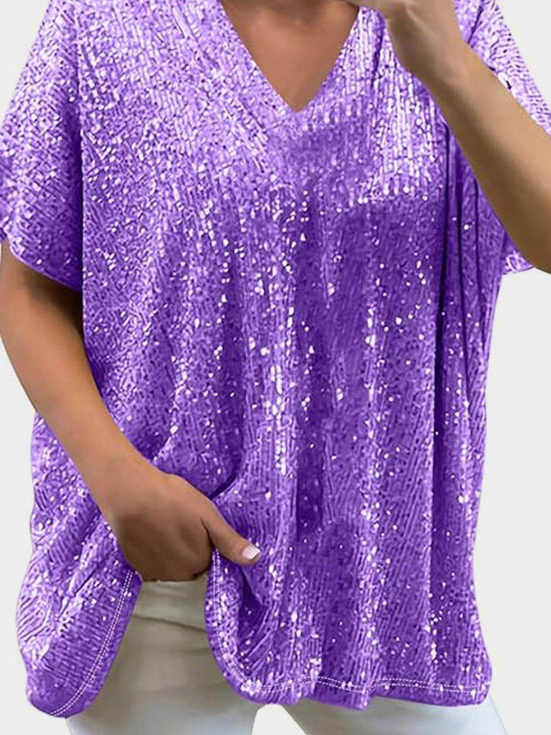 Full Size Sequin V-Neck Short Sleeve Top for Women by Selvanelle