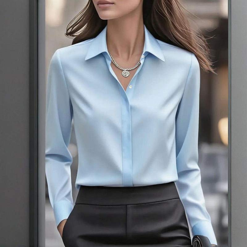 Loose Fit Satin Blouse — V-Neck Long Sleeve Tunic Top for Office & Casual Wear by FitiqueFit