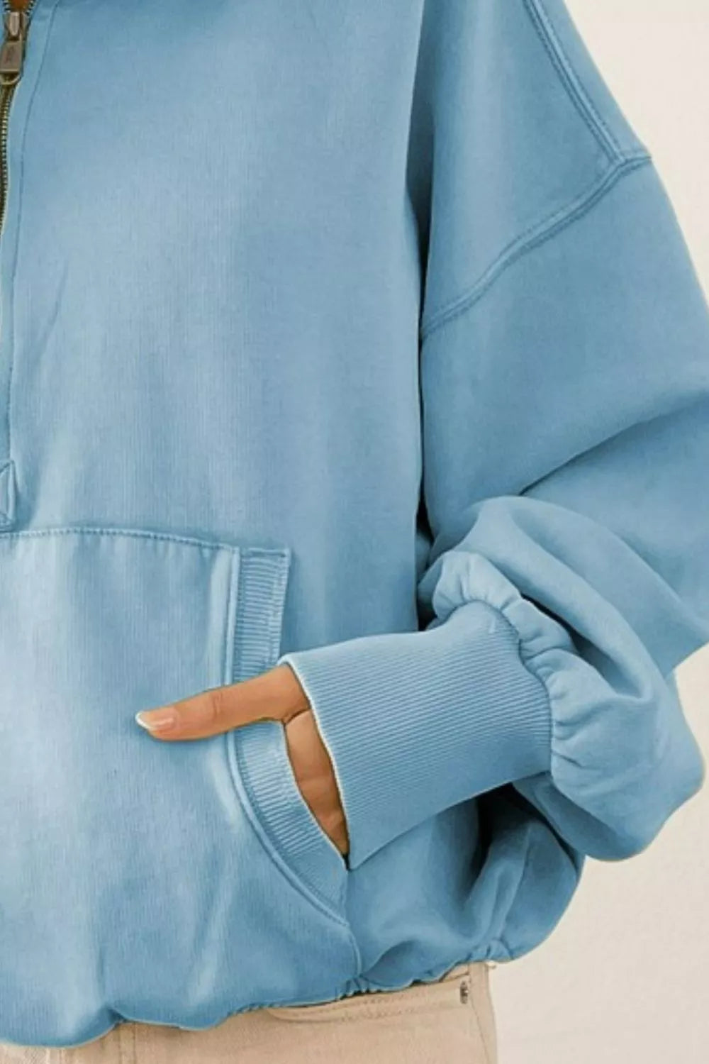 BiBi Stitch Detailed Elastic Hem Half Zip Fleece Hoodie by FitiqueFit