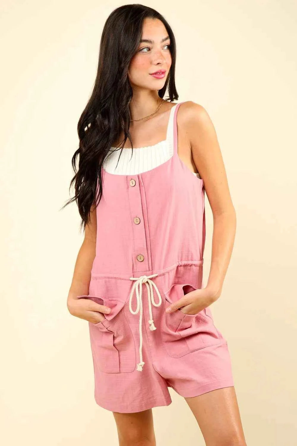 VERY J Half Button Drawstring Sleeveless Romper by Wild and Free Boutique