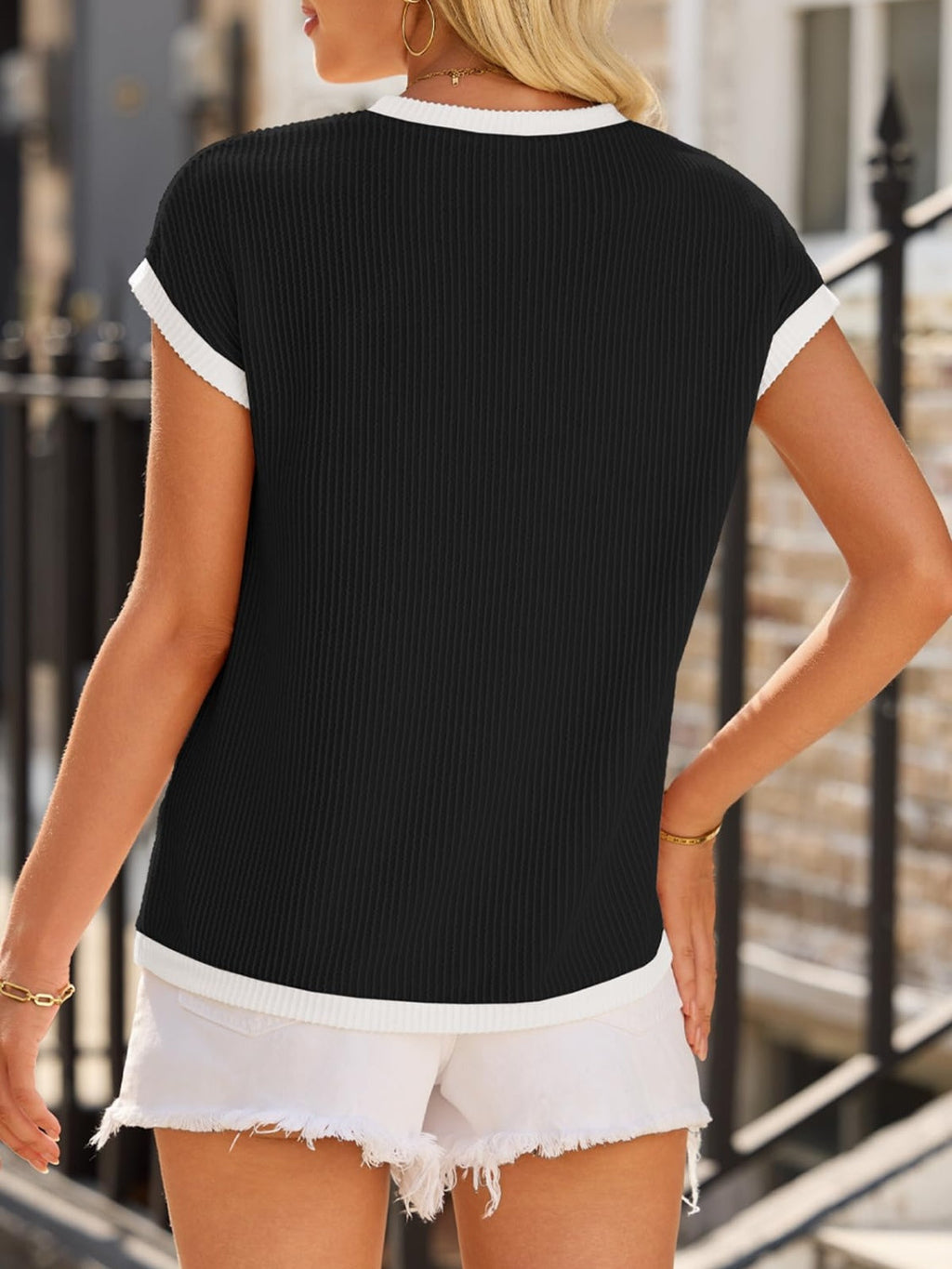 Contrast Trim Round Neck Short Sleeve T-Shirt by Wild and Free Boutique