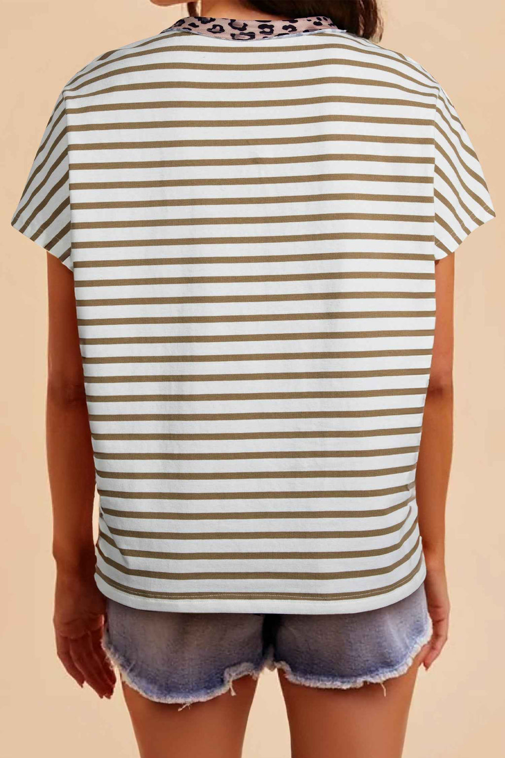 Khaki Stripe Leopard Patchwork Round Neck Loose T Shirt by Wild and Free Boutique