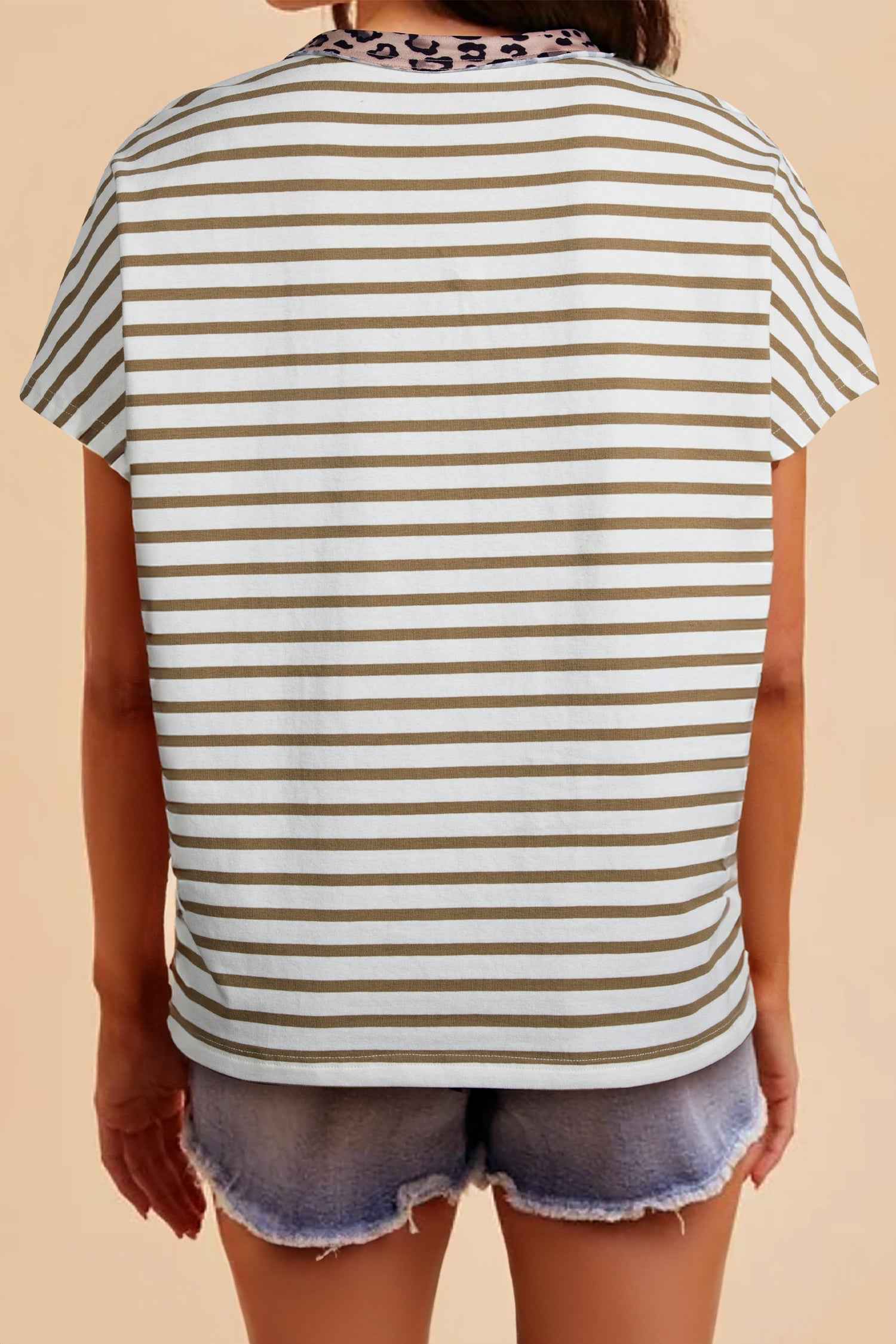Khaki Stripe Leopard Patchwork Round Neck Loose T Shirt by Wild and Free Boutique