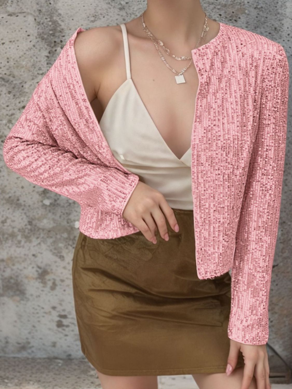 Full Size Sequin Open Front Cropped Jacket by Wild and Free Boutique