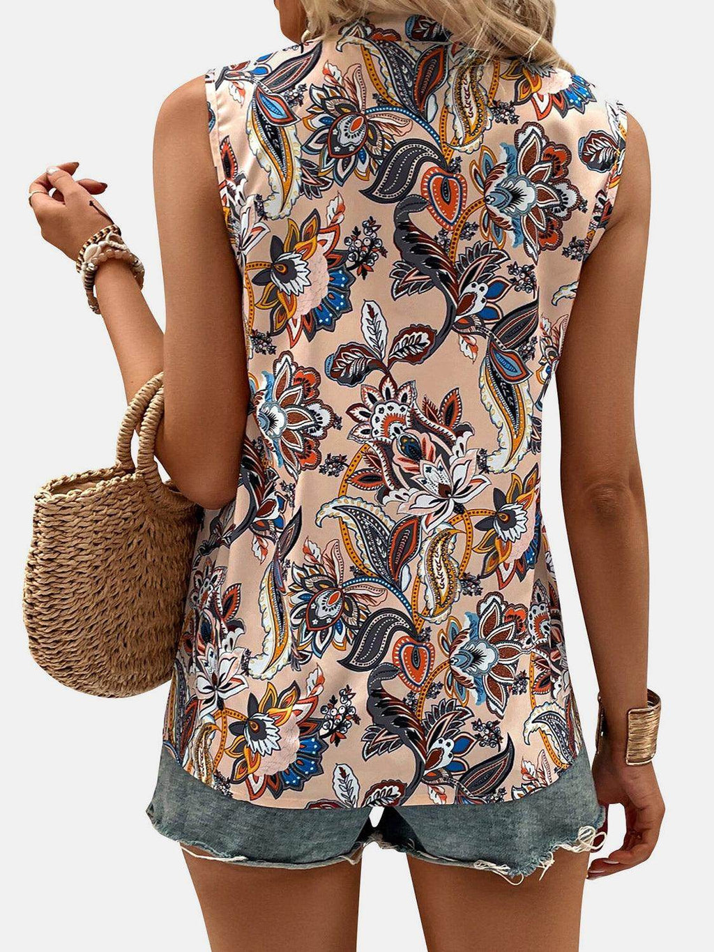 Printed Notched Sleeveless Top for Women in Various Sizes by Selvanelle