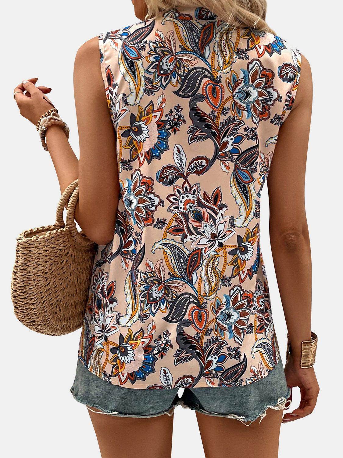 Printed Notched Sleeveless Top for Women in Various Sizes by Selvanelle