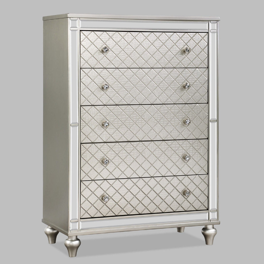 5 Drawer Bedroom Chest With Diamond Patterned Fronts - Silver by Unique Piece Furniture