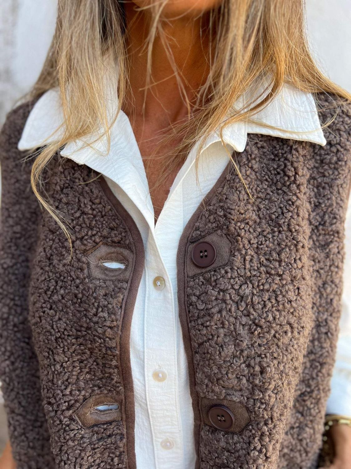 Full Size Pocketed Button Up V-Neck Sherpa Vest by Wild and Free Boutique