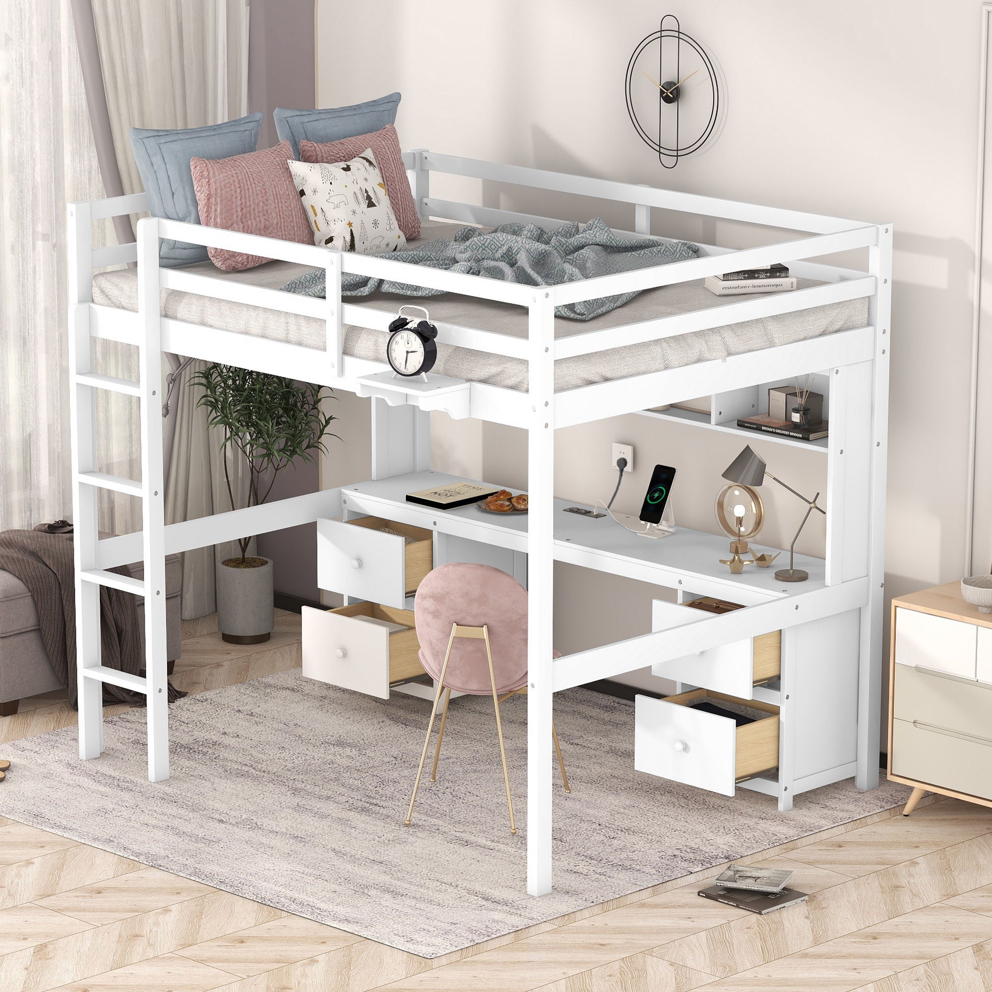 Loft Bed With Desk, Cabinets, Drawers, Charging Station And Bedside Tray by Unique Piece Furniture