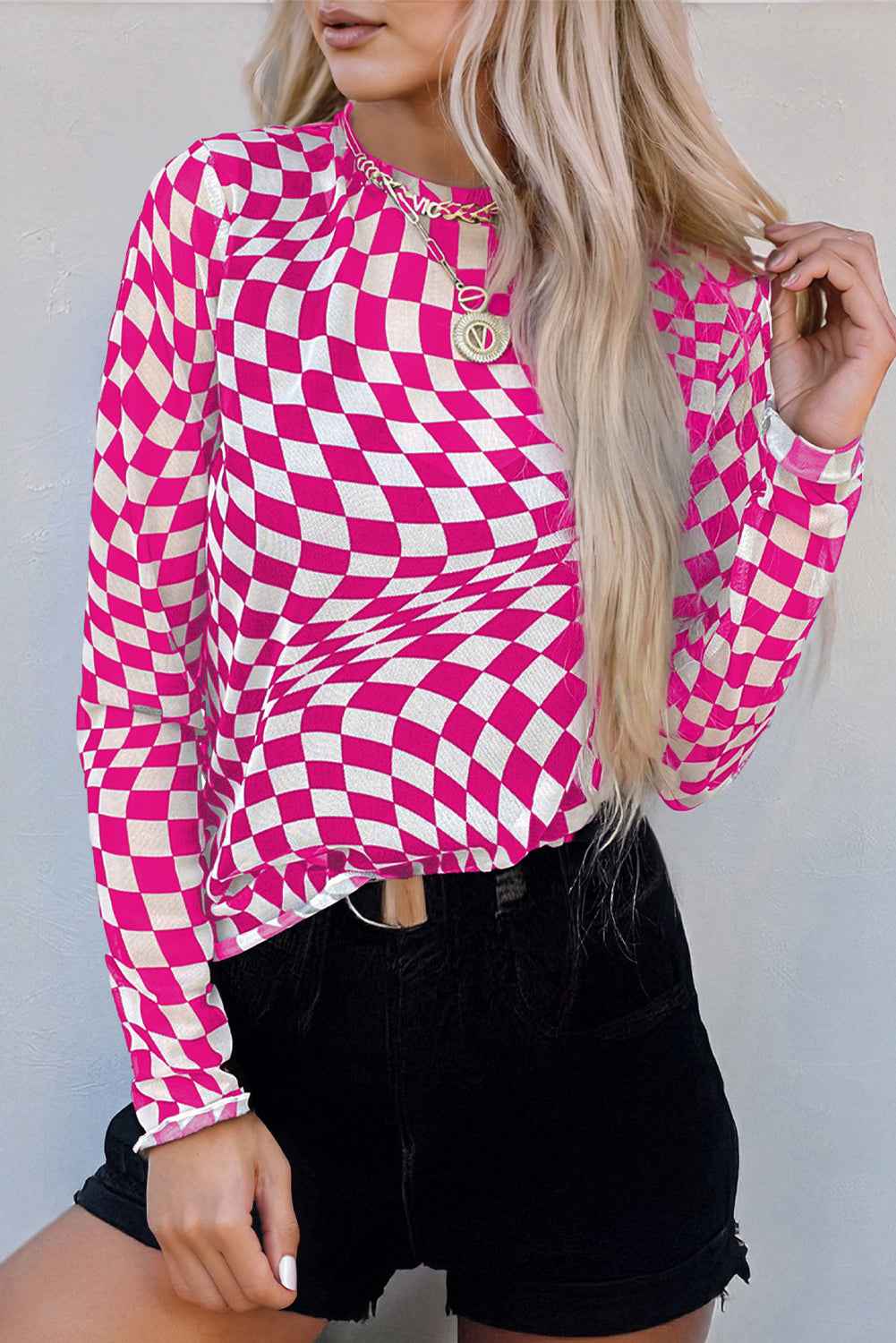 Rose Checkered Pattern Mesh Mock Neck Long Sleeve Top by Wild and Free Boutique