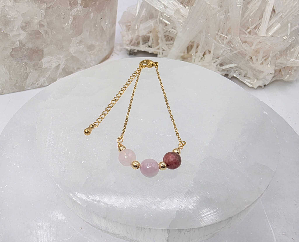 I AM ENOUGH -Kunzite, Rose Quartz, Rhodonite Gem Jewelry Set by Sacred Crystals