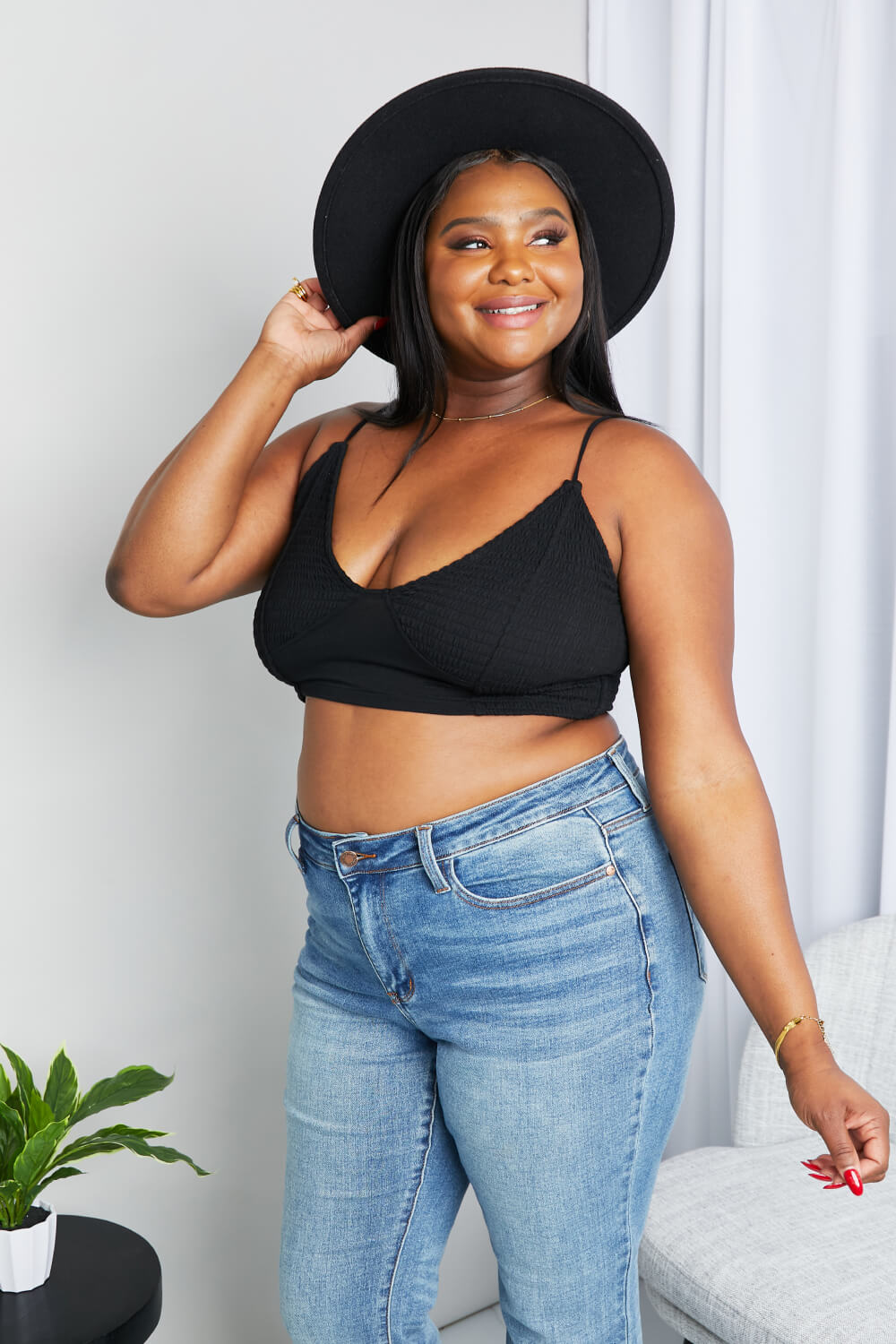 Zenana Full Size Textured Spaghetti Strap Bralette in Black by Wild and Free Boutique