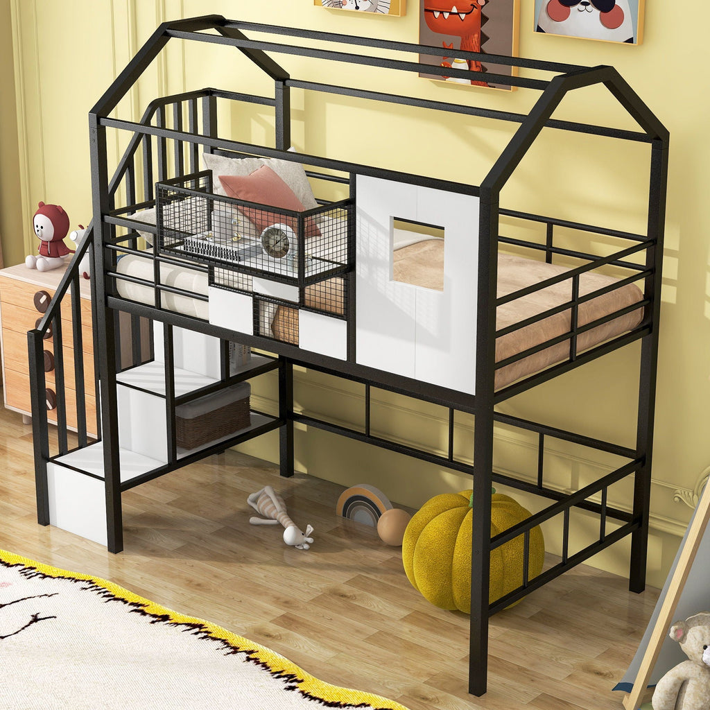 Metal Loft Bed With Roof Design And Storage Box With Guardrails And Integrated Ladder by Unique Piece Furniture