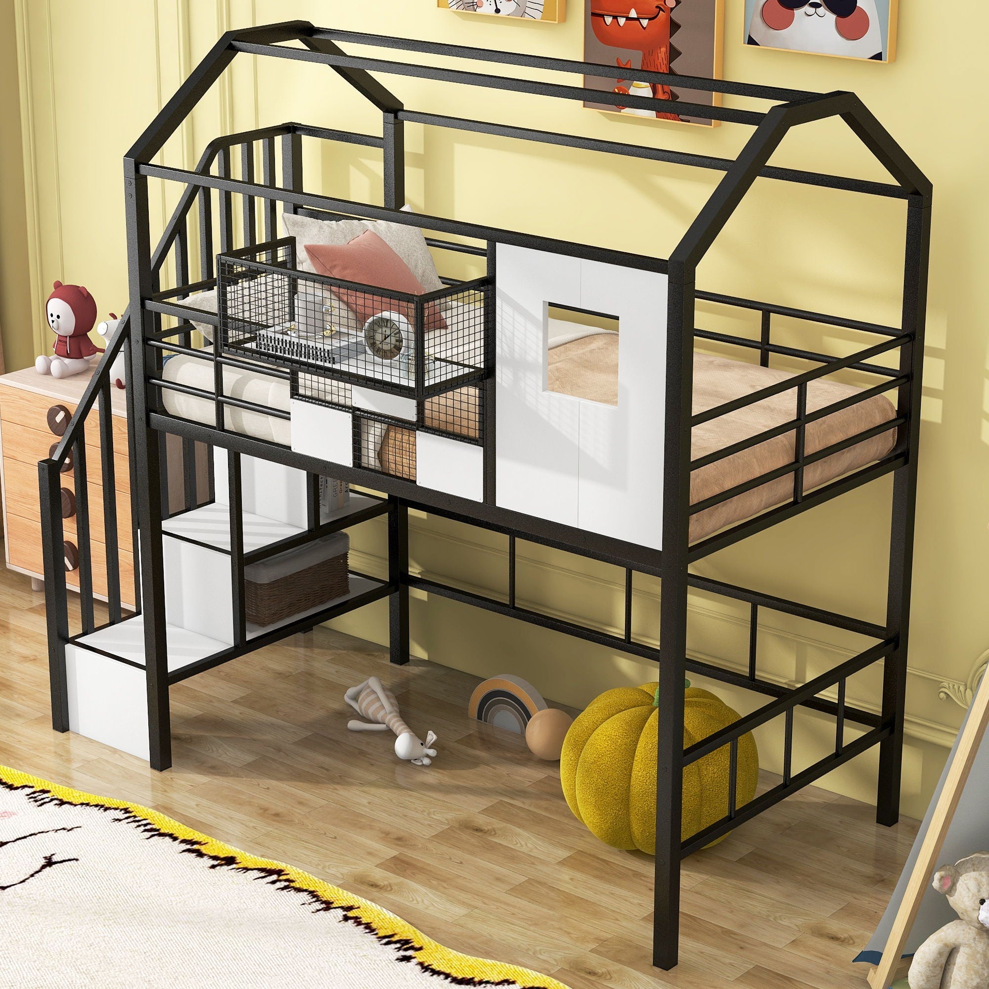 Metal Loft Bed With Roof Design And Storage Box With Guardrails And Integrated Ladder by Unique Piece Furniture