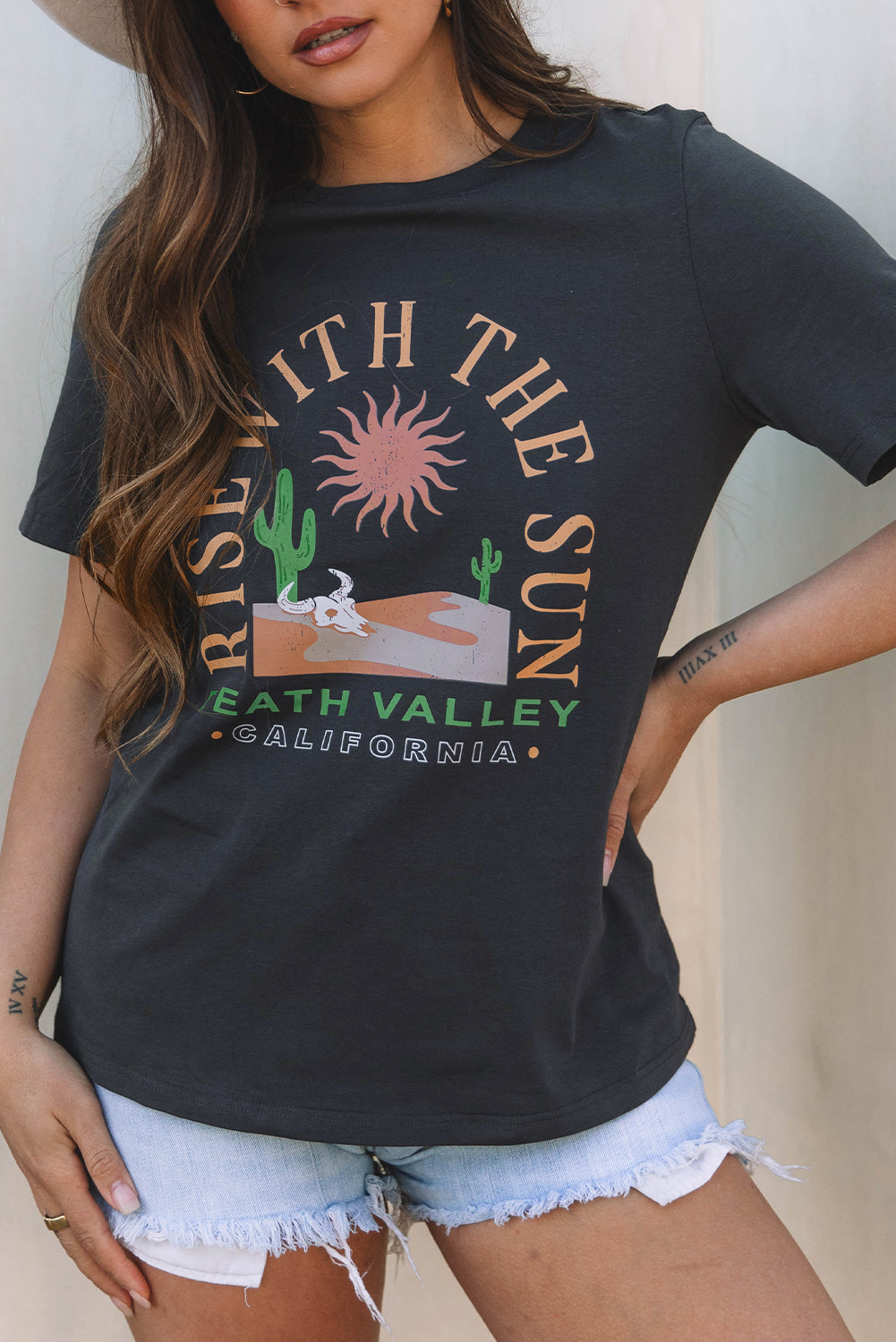 Dark Grey RISE WITH THE SUN Western Fashion Graphic Tee by Dear-Lover Dropshipping